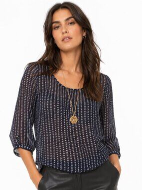 H&M Navy Semi Sheer Polka Dot Blouse 3/4 Sleeve Coastal Chic Large